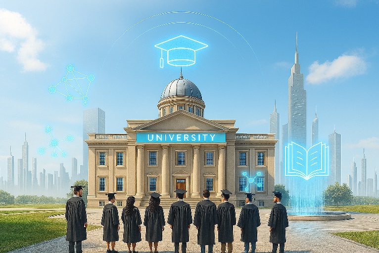 A diverse group of students standing in front of a university